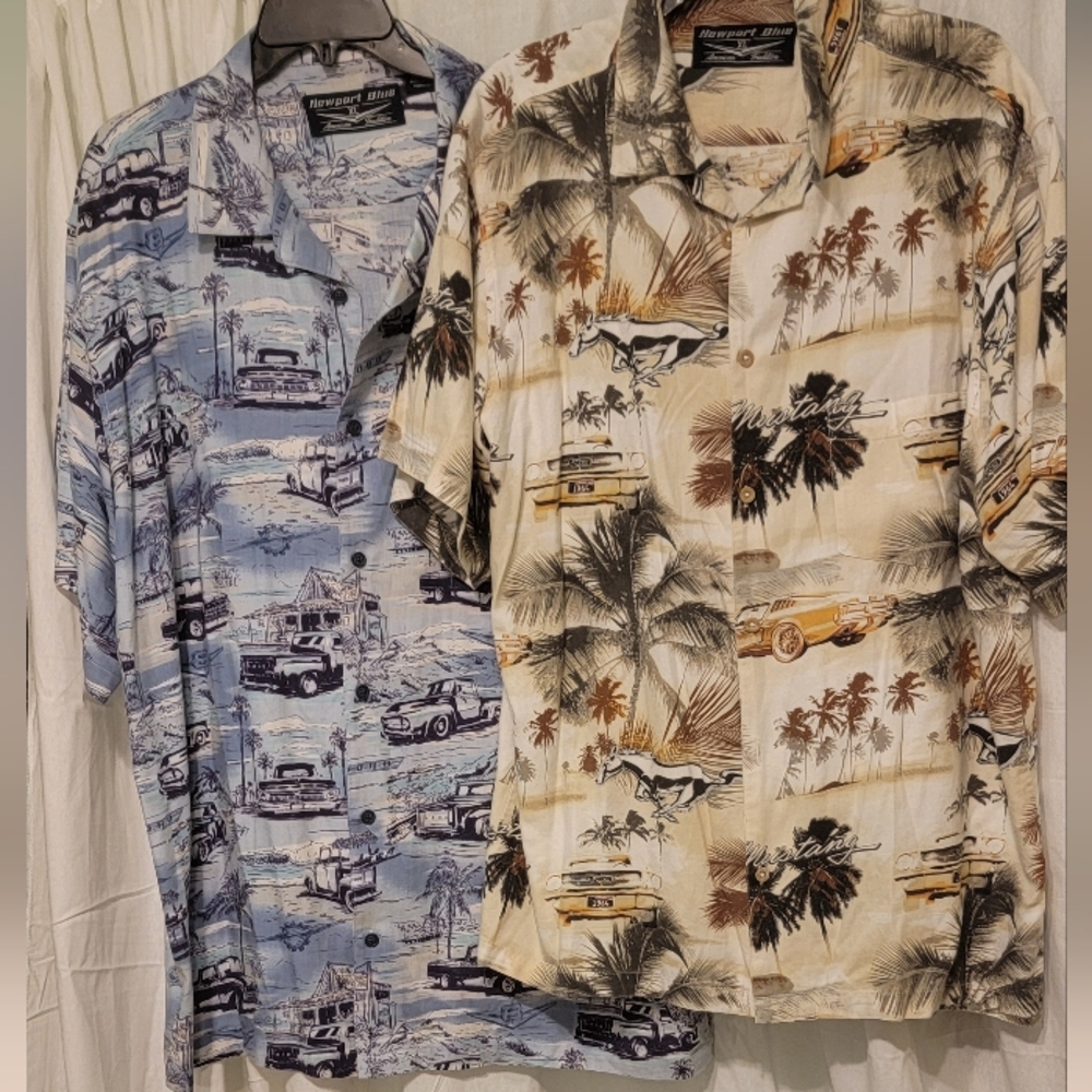 (2) Newport Blue Mens XL Vintage‎ Ford Classic Cars Mustang Truck Hawaiian Shirt